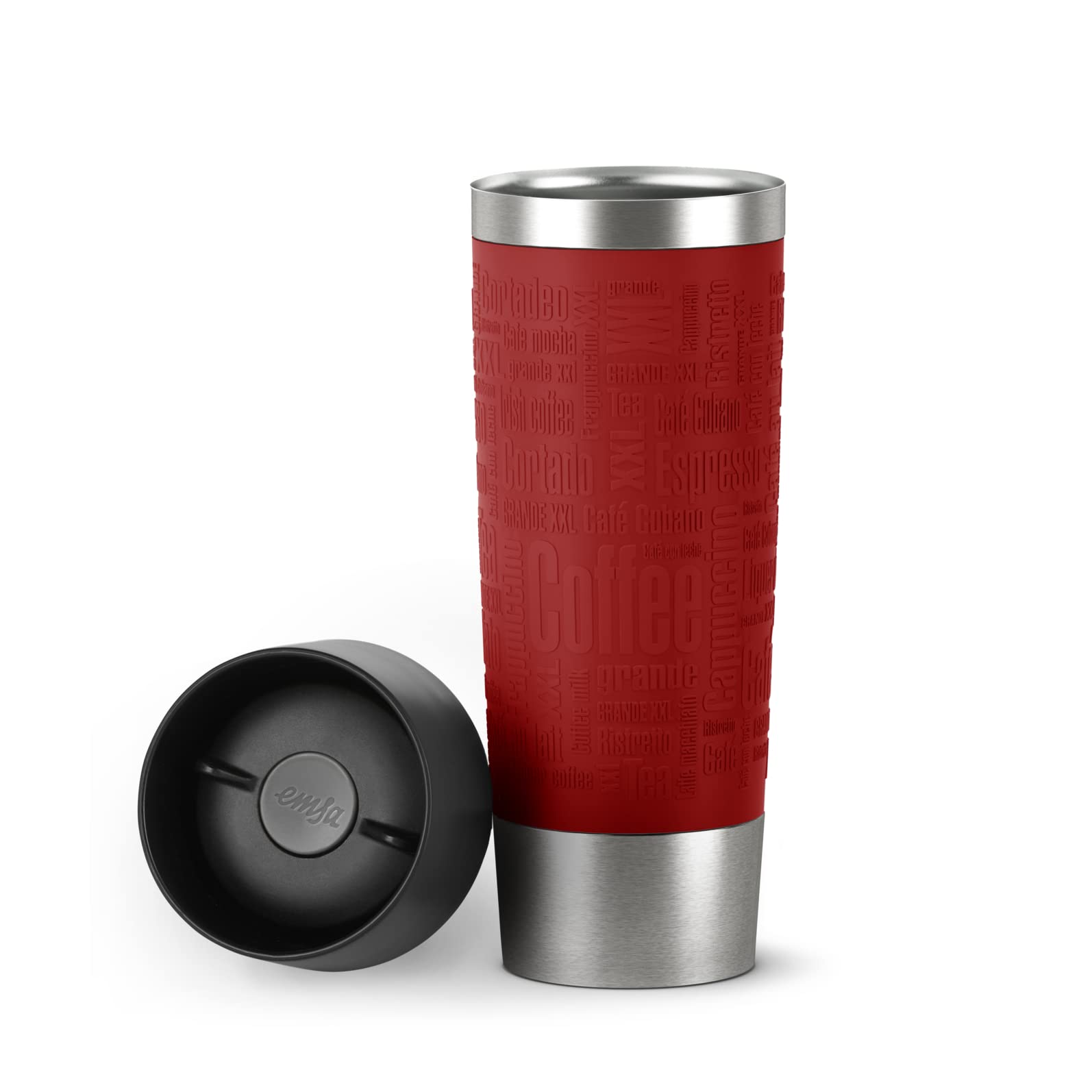 Emsa Travel Mug - Taza térmica de 0,5l, Mantiene Calor 4 h y frío 8 h, Acero Inoxidable con Base Antideslizante y Zona de Agarre de Silicona con Letras grabadas, Color Rojo