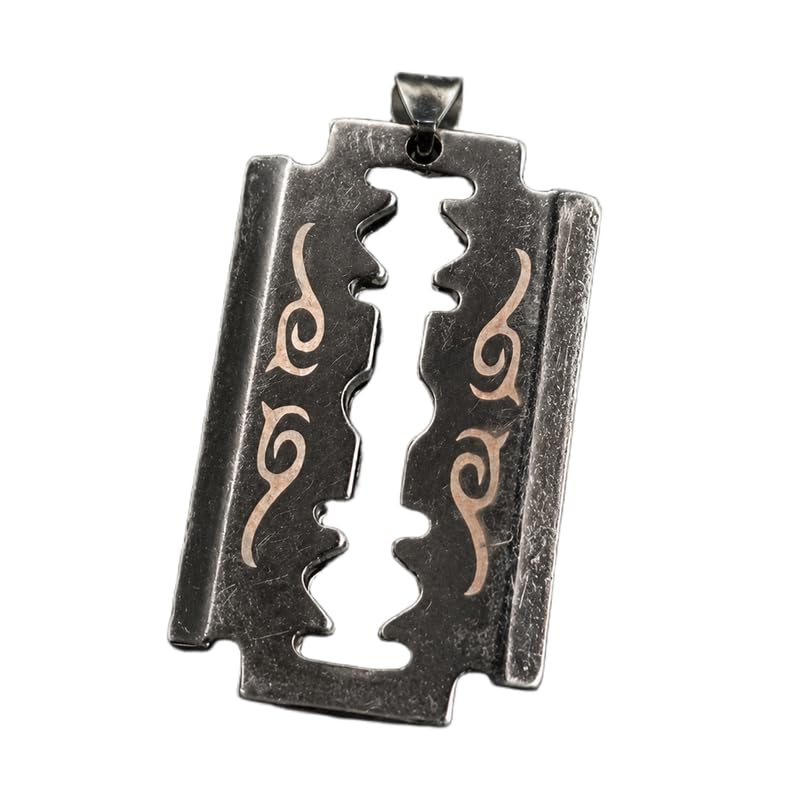 Stainless Steel Razor Blade Pendant Charm, Gothic Punk Biker Jewelry, Engraved Razor Blade Design Pendant, Antique Silver Tone Statement 40x22 mm. RR_CSP_0085-image-4