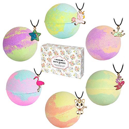 Meland Bath Bombs with Surprise Necklaces – 6pcs 5.5 oz Bubble Bath Fizzies for Kids Unicorn Bath Bombs Gift Set for Women Girls Birthday Christmas Anniversary