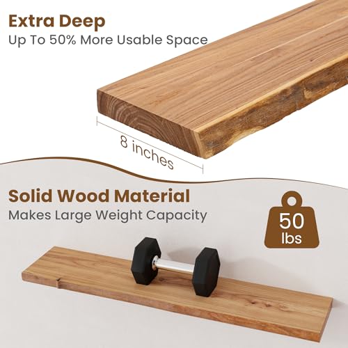Image of Floating Shelves for Wall Decor, Rustic Solid Elm Wood Live Edge Floating Shelves Wall Mounted, Wall Shelves with Invisible Bracket for Living Room Bathroom Bedroom Kitchen, 36 Inch Set of 2, Natural