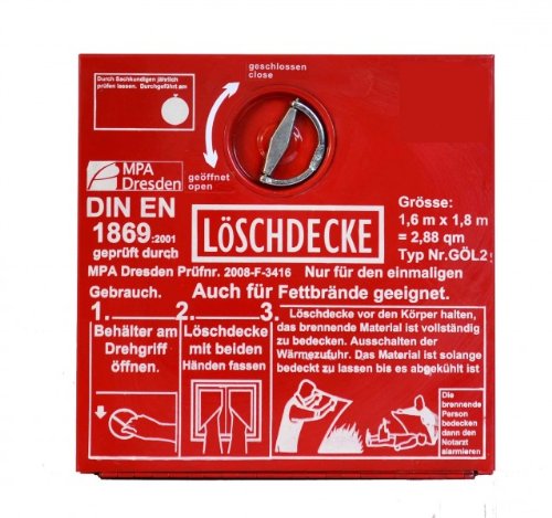 Löschdeckenbehälter aus Stahlblech, 30x30x8cm, mit Löschdecke 1,6m x 1,8m