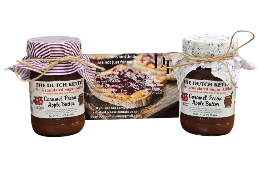 The Dutch Kettle Amish Homestyle Caramel Pecan Apple Butter All Natural Spread No Added Sugar Non-GMO 2/18 Oz Jars With Craft Fabric Toppers