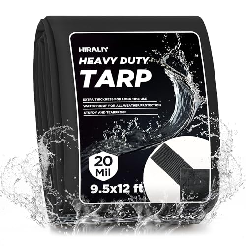 HIRALIY 20 Mil Heavy Duty Waterproof Tarp, Cut Size 10x12ft Black Tarpaulin with Reinforced Webbing Loops, Multipurpose Oxford Canvas Tarp for Firewood, Roof, Camping, Pool