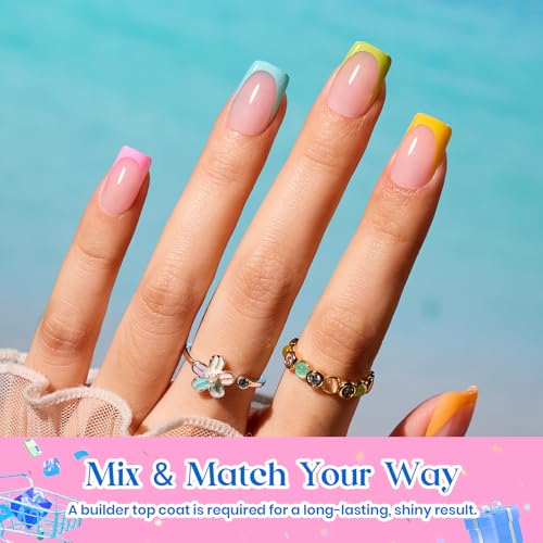 Image of Beetles Summer Press On Nails 224 Pcs 7 Colors, French Tip Nails Short Square Classic Fake Nail Tips, Rainbow Soft Nail Gel False Nails Art DIY For Women