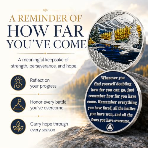 Image of Imasoner Inspirational Sobriety Coin Mountain Lake AA Recovery Medallion | Motivational Message Remember How Far You Have Come Recovery Token, Sponsor Sponsee Sober Milestone Gift for Women and Men