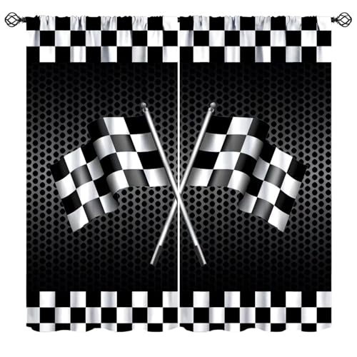 Image of Mchenxin Racing Flag Curtains, Black and White Checkered Flags Racing Car Game Print Window Curtains Treatments for Kids Boys Teens Bedroom Living Room, 42x45in (No Blackout)