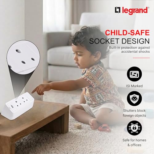 Image of Legrand Extension Board with USB (2-Sockets, 1 Switch, White, 1.5M Cable) | 2 x 6A Socket 230V + USB-A 5V 15 amp Charging | IP20 Rated Power Hub /Box for Home, Office, Hotel Use | Spike Guard