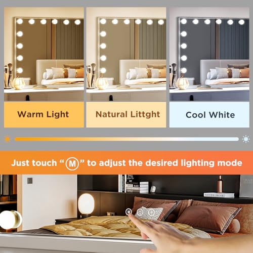 Image of M MIVONDA Large Vanity Mirror with 17 Bulbs Lights, Hollywood Lighted Makeup Mirror for Desk and Wall, Dimmable 3 Lighting Modes, Plug-in & USB Charger Port