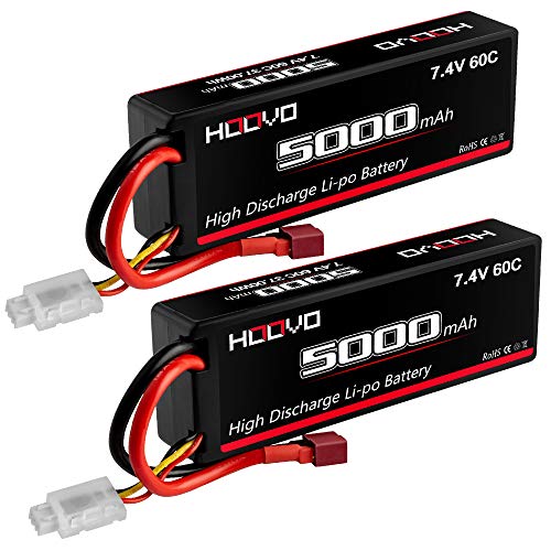 HOOVO 2S 5000mAh 7.4V 60C LiPo Battery Hard Case RC Lipo Battery with Deans Plug for RC Car Truck Boat Buggy Truggy(2S 5000mAh-2 Pack)