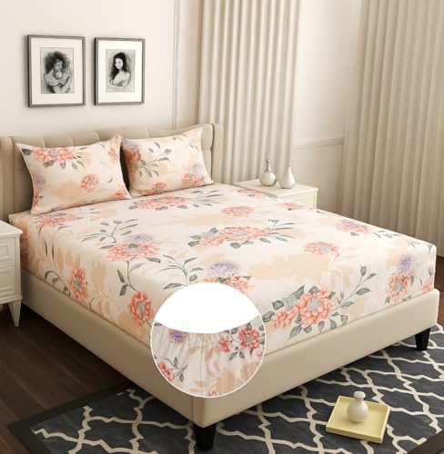 Image of HOMEKART 120 TC Cotton Rich Elastic Corner Fitted Bedsheet with 2 Pillow Covers | Double Bed 72x68+6 Inches | Wrinkle-Free, Super Soft & Breathable Floral Design | Pink & Grey