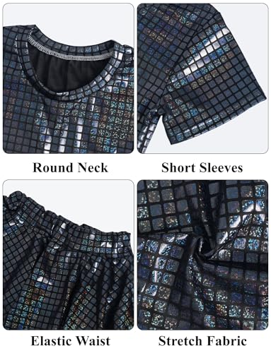 Image of Happy Cherry Kid Girl Shiny Skirt and Top Set 2 Pcs Short Sleeve Metallic Disco Crop Top & Pleated Mini Skirt Set