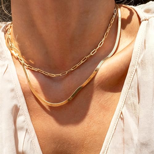 ÌF ME Layered Gold Necklaces for Women, 14K Gold Plated Cubic Zirconia Snake Choker Necklace, Dainty Paperclip Pendant Chain Necklaces Stack Jewelry Set Gifts — view 3