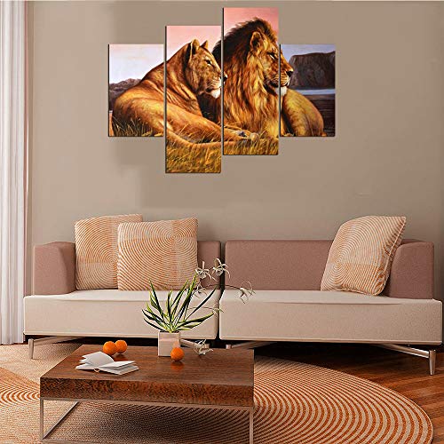 4 Panels Lion Pictures Wall Decor Lioness And Lion On The Prarie Picture Printed On Canvas Giclee Artwork Modern Lion Canvas Wall Art Stretched And Framed Ready To Hang For Home Decor - 48''W X 36''H #TOP3