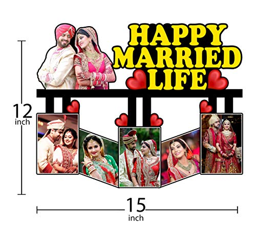 Image of Shrikant Art Personalized inchHappy Married Life inch Multi-Photo Collage Wall Hanging - Large 15x12 Inch Custom Wooden Wedding Frame with 5 Photo Slots and Heart Accents