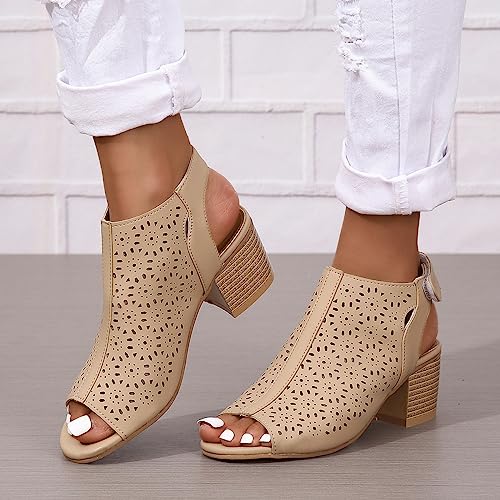 ZDLJLY Peep Toe Booties Women, Ankle Booties Skeleton Boots Hook & Loop Strap Cut Out Mid Block Heel Sandals for Women3
