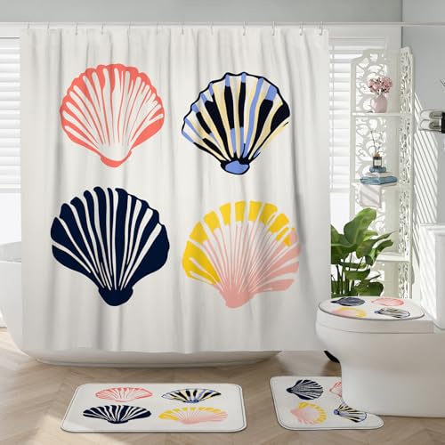 DESIHOM 4PCS Cartoon Coastal Scallop Shower Curtain Sets with Non-Slip Rug, U Shape and Toilet Lid Cover Mat, Funny Seashell Kid Home Decor, Bathroom Accessory with 12 Hooks