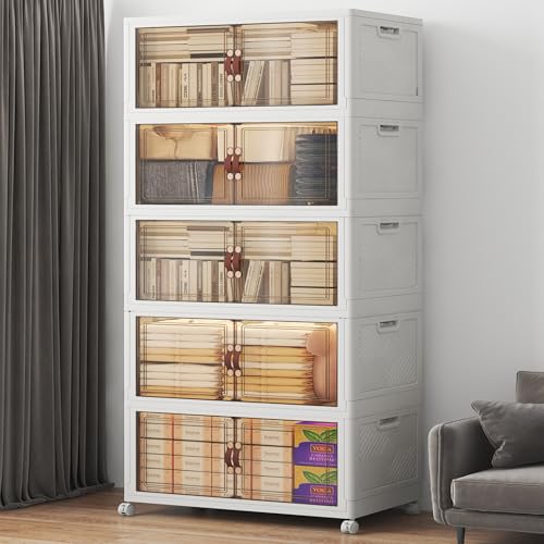 Image of UAMFURI Stackable Storage Bins with Lids, 600QT Lockable Storage Cabinet | Folding Storage Box with Doors and Wheels, Collapsible Plastic Drawers for Home, Garage, Office