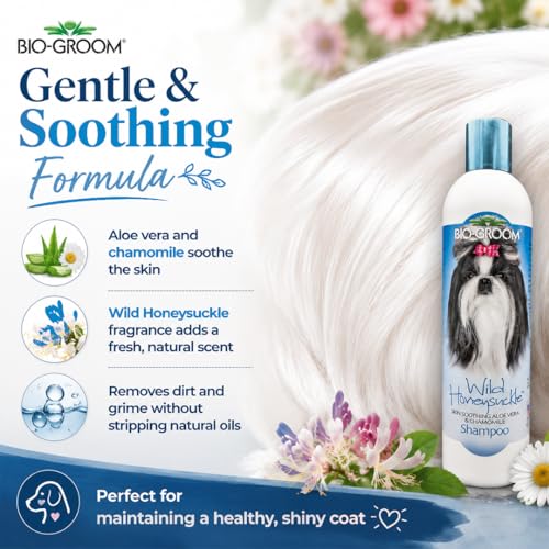 Image of Bio-Groom Wild Honeysuckle Dog Shampoo - Natural Scent Pet Shampoo, Aloe Vera, Chamomile, Cat & Dog Bathing Supplies, Puppy Wash, Cruelty-Free, Made in USA, Quick Rinse Cat Shampoo - 12 fl oz 1-Pack
