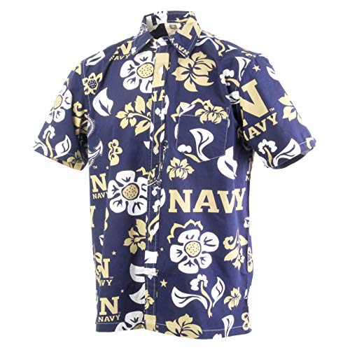 Wes and Willy NCAA Mens Hawaiian Floral Button Down Shirt, Navy Midshipmen, Midnight, XXL