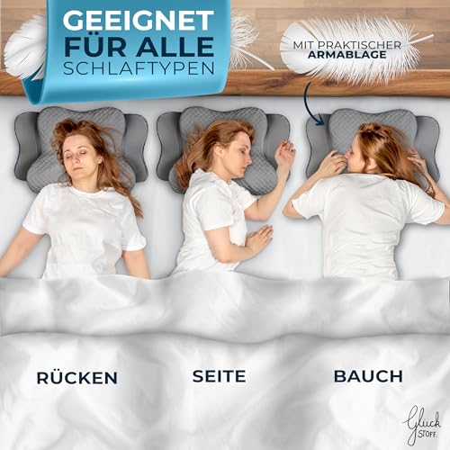 Glückstoff® Orthopädisches Kissen (Zertifiziert für alle Schlaftypen) Kopfkissen Nackenschmerzen aus Memory Foam | Nackenstützkissen Ergonomisches Kopf-Kissen Seitenschläferkissen Grau – Bild 4