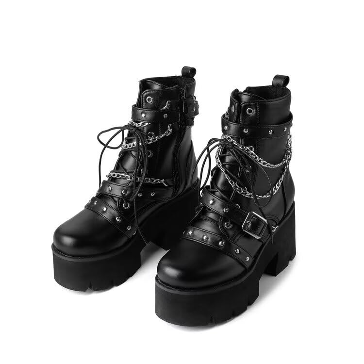 Buckle Chain Punk Boots Goth Lace Up Studded Zipper Chunky Heel Wedge Platform Ankle Short Biker Booties