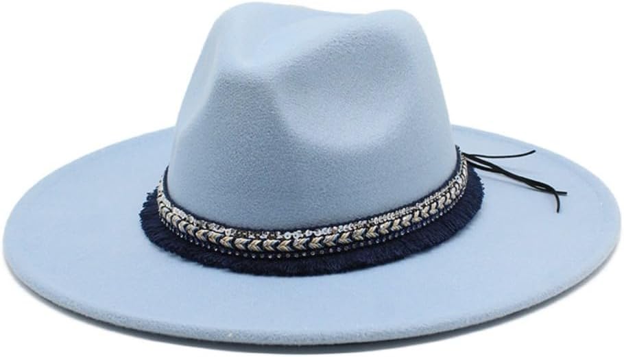 Wide Brim Wool Felt Fedora Hat, Black, Western Style with Navy Fringe Band