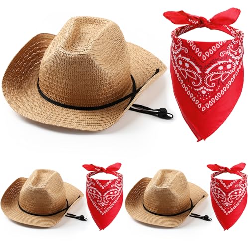 Unittype Cowboy Hat and Bandana Set, 3 Pcs Straw Cowboy Hats with 3 Pcs Red Bandanas, Classic Western Cowboy Party Hat Accessories, Khaki, UY2779