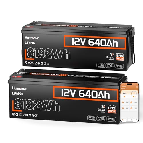 Image of HumsiENK 12V 640Ah LiFePO4 Lithium Battery Bluetooth, 250A BMS, 15000+ Cycles 600Ah+ LiFePO4 Battery, IP65 & Low Temp Protection, Max. 8192Wh Output Perfect for Home Backup, Solar Energy, 2 PACK
