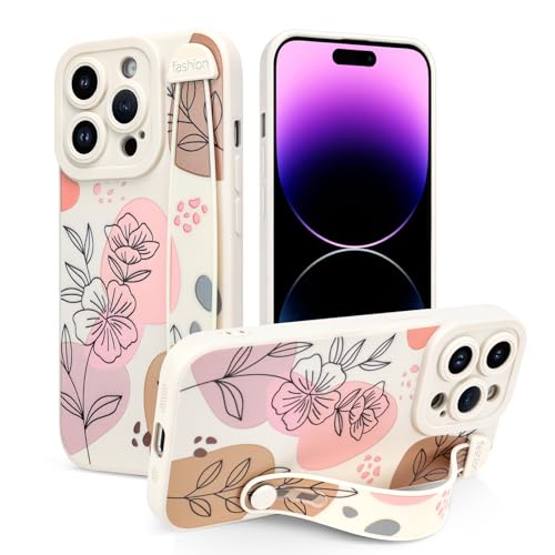 Jefonha Case for iPhone 14 Pro 6.1 inch Silicone Phone Case with Strap for Women Girls Cute Floral Flowers Design, Adjustable Finger Strap Kickstand Protective Cover, Beige by Jefonha - Used condition - US$14.23