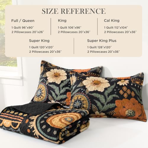 Image of Andency Floral Boho Queen Quilt Bedding Set Brown Black, 3 Pieces Farmhouse Flower Botanical Summer Bedspreads with 2 Shams, Soft Reversible Lightweight Polyester Coverlet Set for All Season, 90 inchx96 inch