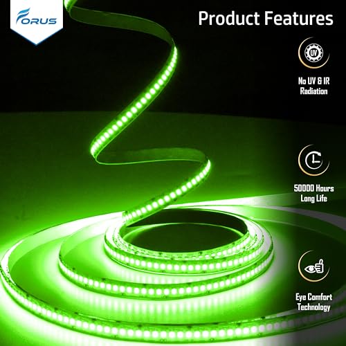 Image of Forus 5 Meter (5M) 10MM Green LED Strip Light, 240 LEDs /M Plug & Play Flexible Lighting for Home Decor, False Ceiling, Pooja Room, Living Room, Kitchen, Mirror, Stairs, 2-Year Warranty