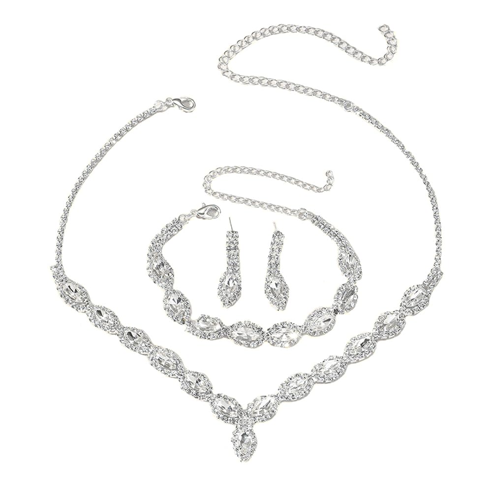 QKEPCY Juego de Joyas para Novia para Mujer Cristal Collar Pulsera Pendientes de Lágrima Plata Conjunto Collar y Pendientes Fiesta de Graduación Compromiso Boda Joyería para Dama de Honor