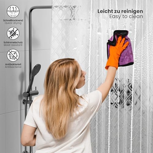 ecooe Shower Curtain Waterproof Mildew Resistant 180 x 200 cm Plastic Clear Shower Curtains 100% EVA Bath Curtain 3D Rhombus 70 x 78 Inch with 12 Hooks Rings for Shower or Bathtub
