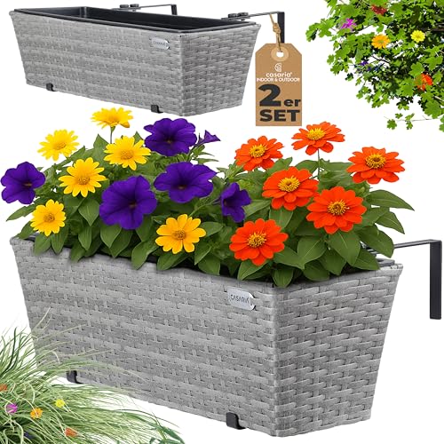 Casaria® 2x Fioriera Balcone 60cm 11L Rattan Supporto Esterno Interno Resistente agli Agenti Atmosferici e ai Raggi UV Rimovibile Ringhiera Vaso Portafiori Rettangolare Fiori Piante Grigio