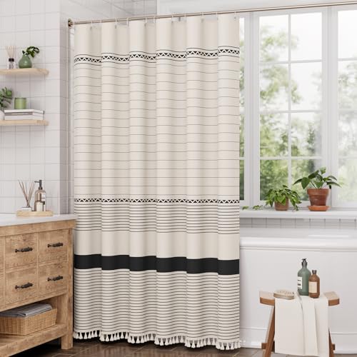 Image of AmazerBath Boho Shower Curtain, Modern Farmhouse Shower Curtain Set with Tassels, Rustic Faux Linen Black Striped Shower Curtain with Hooks, Light Tan Toned, 72x72 Inches