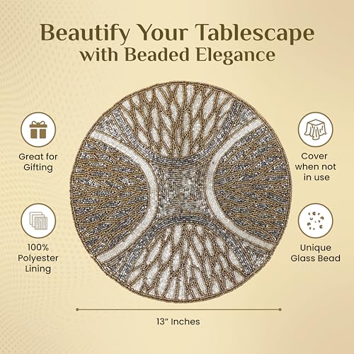 Holiday Beaded Table Placemats - 13 Inch Handmade Glass Beads Round Charger Plate for Weddings, Parties, Dinner, Kitchen Décor - Durable, Stain-Resistant, Non-Slip Back(Brown Grey) - CLEENTABLE by CLEENTABLE - Image 3