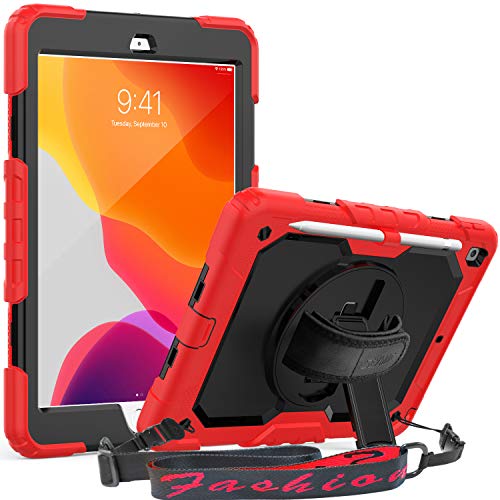 SEYMAC Case for iPad 8th Gen 2020/ 7th Gen 2019, 10.2 inch iPad Cover,[360 Degree Rotatable Hand Strap/Kickstand] Full Body Protection Shockpoof Case with Screen Protector for iPad 8/7 (Red/Black)