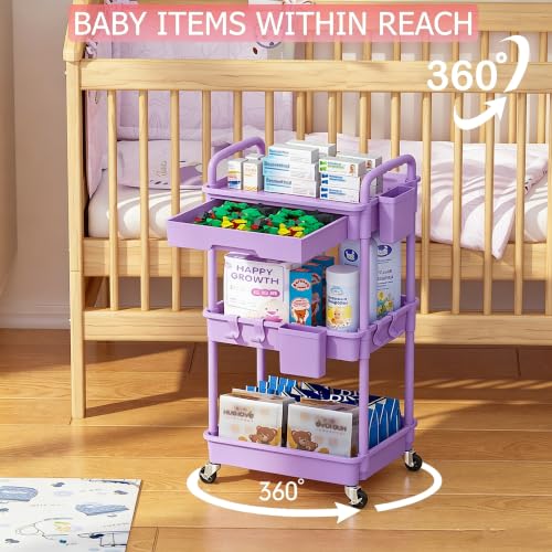 Image of REBECAT 3 Tier Rolling Cart with Drawer, Utility Storage Cart on Wheels for Kitchen, Bathroom, Living Room,Office(Purple)