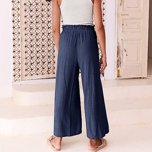 Women Linen Pants Wide Leg Casual Loose High Waist Drawstring Palazzo Pant Ruffled Boho Beach Capri Pant with Pockets2