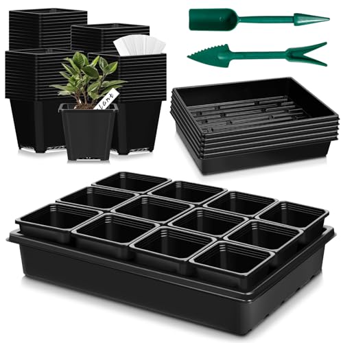 mwellewm 5 Pcs Seed Starter Tray, 3.5 Inch (9CM) 60 Pcs Nursery Pots Kit, Thickened Seed Starting Trays Square Seedling Pots for Plants Sturdy Microgreens Growing Trays Reusable Germination Tray