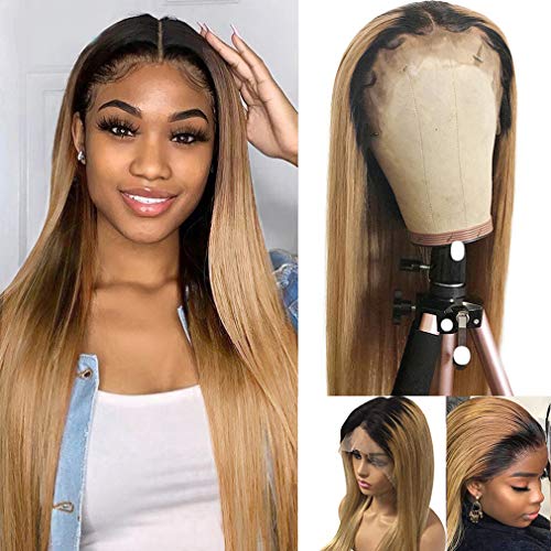 Long Wig 24 Inches 13x4 Deep Parting Lace Front Wigs Human Hair Pre Plucked Hairline with Baby Hair 150% Density #1B/27 Ombre Blonde 2 Tones Dark Roots 100% Human Hair Wigs Straight for Women