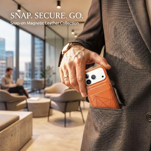 Image of amazon basics Premium Vegan Leather Back Cover with Card Holder and Integrated Mobile Stand for iPhone 17 Pro - Slim Shockproof Wallet Case with Geometric Stitching [Tan]