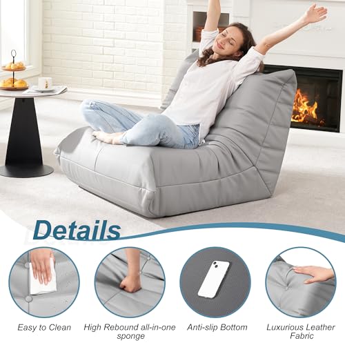 Image of Hobestluk Giant Bean Bag Chair Lazy Floor Sofa, Memory Foam Fireside Sofa for Adults, Big Beanbag Faux Leather Armless Chair for Living Room Bedroom Dorm Office (Light Grey, Single)
