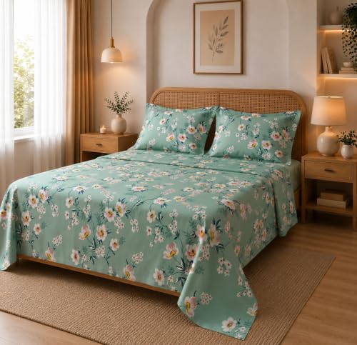 Image of HOMEKART Glace Cotton 160 TC Leaf Printed Double Bedsheet with 2 King Size Pillow Covers | Soft & Durable | 86 x 88Inches (Green & White)