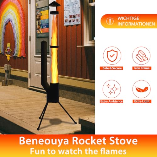 Beneouya 164 cm Raketenofen mit Glasrohr, Feuersäule und Pelletofen, Terrassenheizer und Gartenkamin für den Garten und die Terrasse