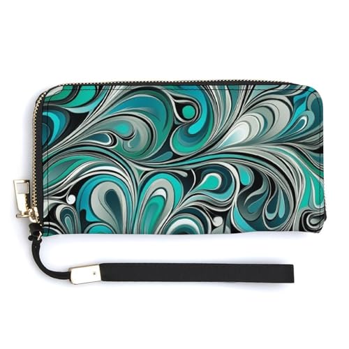 Teal And Silver Swirls Pattern PU Leather Clutch Long Bifold Wallet, Coin Purse Credit Pass Case, Durable Card-Holder Money Storage for Women Men