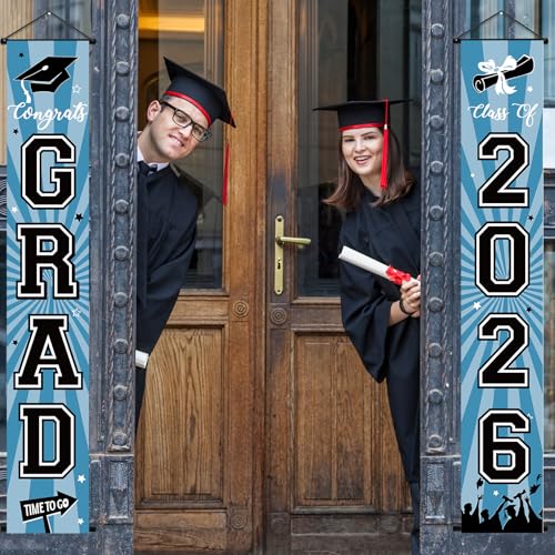 Image of Graduation Banner 2026 Graduation Decorations Light Blue Grad Banner Porch Sign Class of 2026 Door Decor Congrats Hanging Backdrop Light Blue Grad Party Decor for School Congratulations Supplies