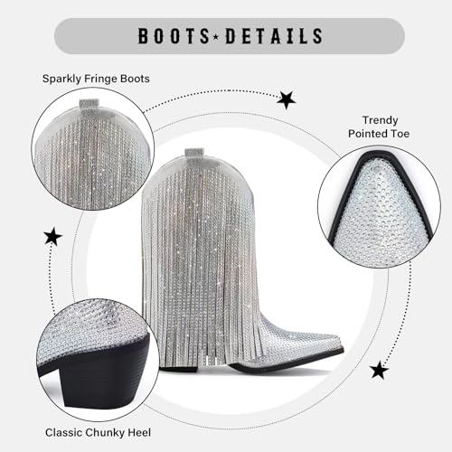 Fringe Cowboy Boots for Women – Mid Calf Cowgirl Boots with Star Studded, Pointed Toe and Chunky Heel, Perfect for Country Music Festivals4
