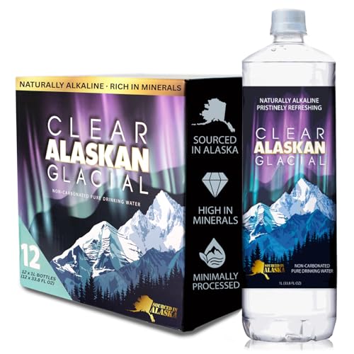 Clear Alaskan Fresh Glacier Water - Naturally Alkaline Glacial Water, rich in Minerals and Electrolytes | 33.8 Fl Oz (1000 ml) - Pack of 12 | Pristine and bottled at the source in BPA-free plastic bottles