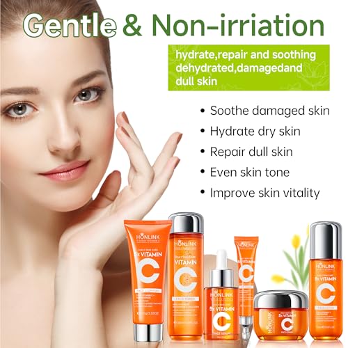 HONLINK Glown 6-Piece Hydrating Skincare Set with Vitamin C & Niacinamide, Face & Body Care Kit with Cleanser, Toner, Serum, Moisturizer, Eye Cream & Body Lotion | Luxury Mother’s Day